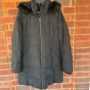 Lands' End Women's Black Puffer Parka with Faux Fur Trim